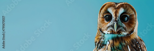 Wise owl intuition guide banner. Wise owl isolated on blue background with copy space. photo