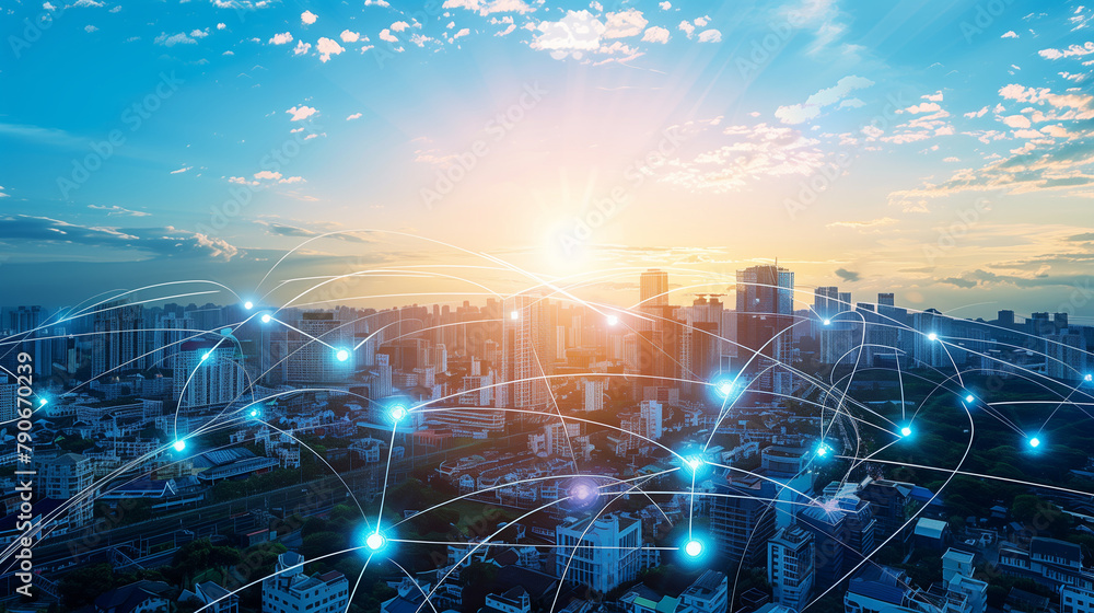Telecommunications Traffic Modern city with communication network. Online connection and data ...