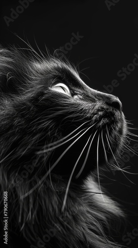 Cat, Black, Whiskers, Portrait, Majestic, Feline, Gaze, Upward, Fur, Fluffy, Monochrome, Dark, Animal, elegant