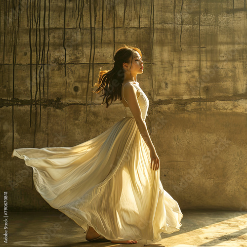 Woman in Long Dress Standing Next to Wall