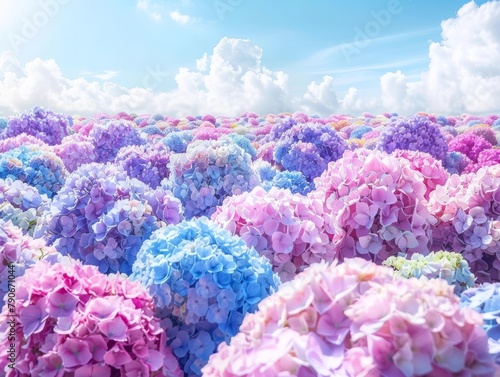 hydrangea field, cloudy sky, colorful blooms, dreamy landscape, floral, pastel flowers, nature beauty, spring