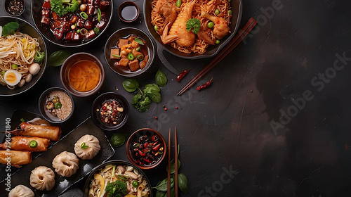 Chinese food dark background, Chinese noodles, fried rice, dumplings, peking duck, dim sum, spring rolls, Famous Chinese cuisine dishes set, Space for text, Top view, Chinese restaurant concept