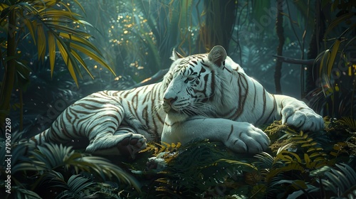 A beautiful white tiger lazing in the jungle photo