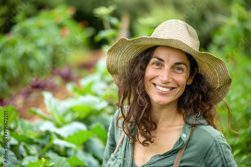 Radiant woman wearing a straw hat enjoys a day in lush greenery