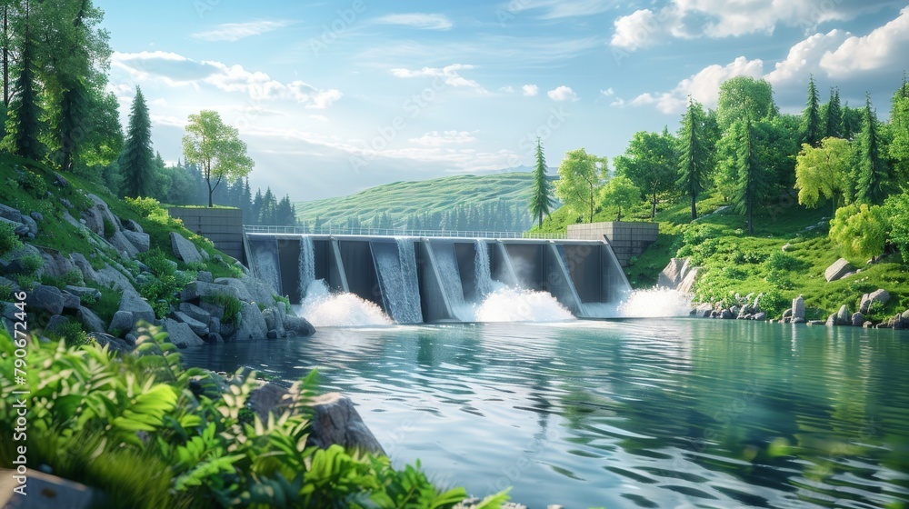 A beautiful landscape with a large waterfall and a river