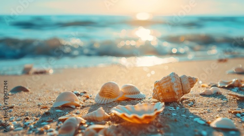 Shells on the beach with the sun shining