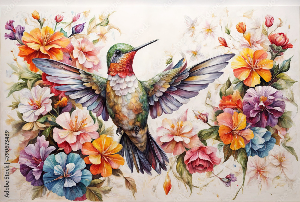 A illustration oil painting in canvas cute hummingbirds flying between colorful flowers on white background