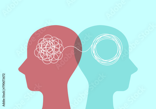 Head sign with tangle and untangle doodle symbol and connecting line. Problem resolve. mind mental. Split personality. Concept Psychology. Dual personality mind. Mental health.