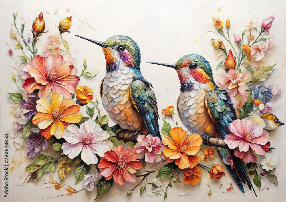 A illustration oil painting in canvas cute hummingbirds flying between colorful flowers on white background