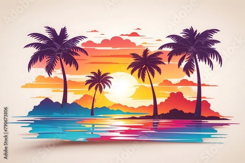 Hawaiian Sunset With Palm Tree vector Illustration, Sunset Wallpaper, Hawaiian Sunset T-Shirt Design, Summer T-Shirt Design, Beautiful Sunset Sublimation, AI Generative