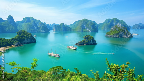 A serene scene overlooking the picturesque Ha Long Bay, where the tranquil waters meet the lush tropical landscape. The ambiance is reminiscent of the soothing rhythms of Bossa Nova, a harmony photo
