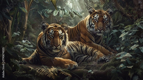 A pair of Bengal tigers relaxes in the cool shade of a dense jungle, attentively surveying their surroundings.