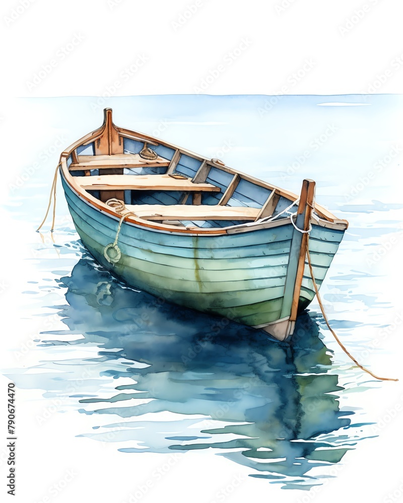 Boat Small boat floating on a tranquil, dark green river watercolor clipart Boat Small boat floating on a tranquil, dark green river watercolor clipart