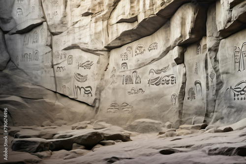 Steinzeithöhle mit Malereien und Zeichnungen auf der Felswand © Pixelot