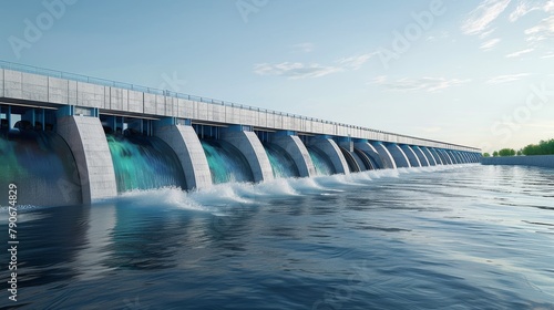 A large body of water with a bridge over it and a waterfall