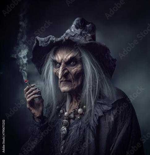 A Mysterious Witch Holding a Cigarette Amidst a Misty and Eerie Atmosphere