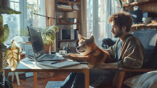 freelancing with a pet. Young Man Happily Teleworking with His Adorable Dog at Home. Home office.  photo