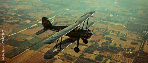 Vintage biplane flying over patchwork of green, orange, and brown farmland under clear blue sky.