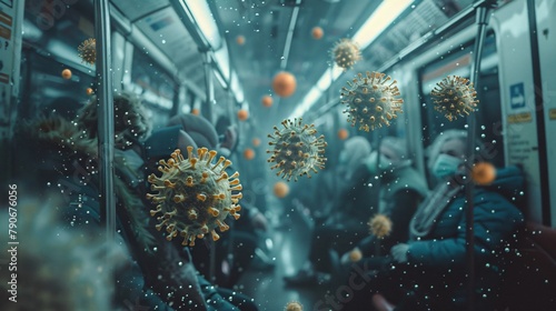 A crowded subway car with people wearing masks and a virus floating in the air photo