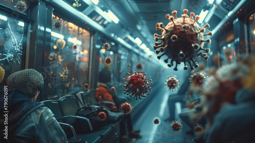 A subway car full of people with virus particles floating around