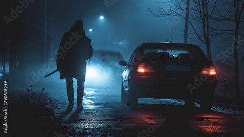 A lone figure breaking into a car using a slim jim under the cover of night photo