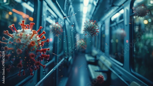 A subway tunnel with a virus floating through the air. photo