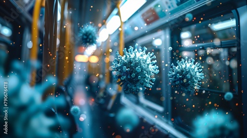 microscopic view of virus particles on a crowded subway train