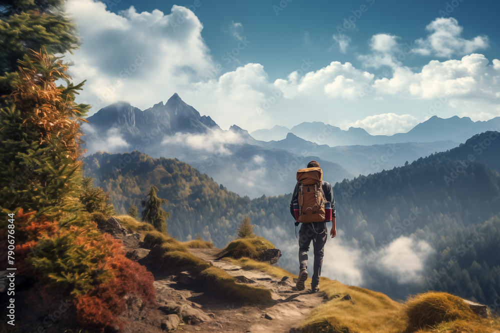 A man with a backpack walking along a trail that leads up a mountain in a scenic natural landscape.