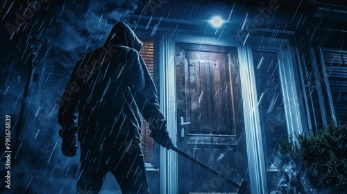 A masked figure using a crowbar to break into a house during a stormy night photo