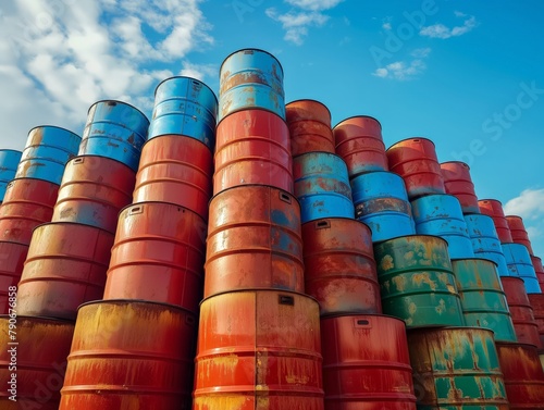 A stack of vibrantly colored oil drums under a blue sky with clouds, symbolizing energy storage and industrial waste.