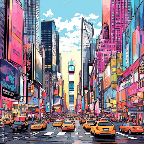 Times Square. Times Square hand-drawn comic illustration. Vector doodle style cartoon illustration