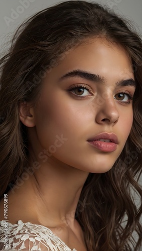 Graceful Elegance: Photorealistic Portrait of a Brown-Haired Latina Teen with Flawless Complexion
