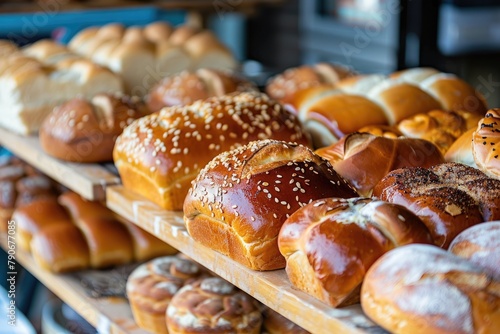 Various breads, rolls, and pies neatly arranged on a shelf in a bakery or grocery store