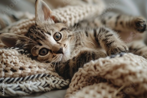 Cute kitten plays while snuggled in a cozy chunky knit blanket photo