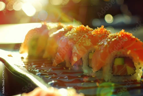 Stylish sushi rolls with roe and sesame on a modern plate, illuminated by soft ambient light photo