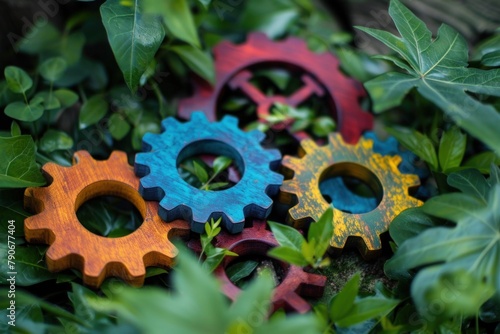 Macro photo showcasing a set of colorful interlocking wooden gears nestled in lush foliage © Minerva Studio