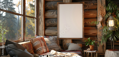 Close-up of poster frame mockup in cozy rustic room setting, 3D render.
