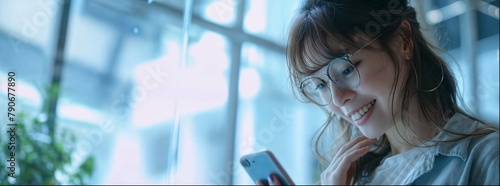 Young Japanese woman smiles as she looks at her smartphone in the office. The background is blurred and light blue with large windows. Her hair falls down one side, creating an atmosphere reminisce photo