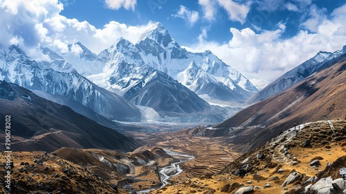 Panoramic view of himalayas mountains, Mount Everest. Panoramic view of the snowy mountains photo