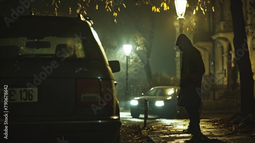 A masked thief stealthily approaching a car parked on a deserted street under a streetlamp