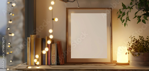 Close-up view of a poster frame mock up on a cozy shelf with string lights and books.