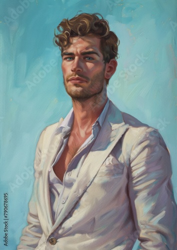 A charming half-body portrait of a Southern European man in a pastel linen suit, his demeanor cheerful, set against a soft sky blue background