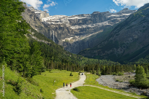 Hiking trail to Gavarnie Falls, spectacular waterfall in french Pyrenees, highest waterfalls in France, popular tourist landmark