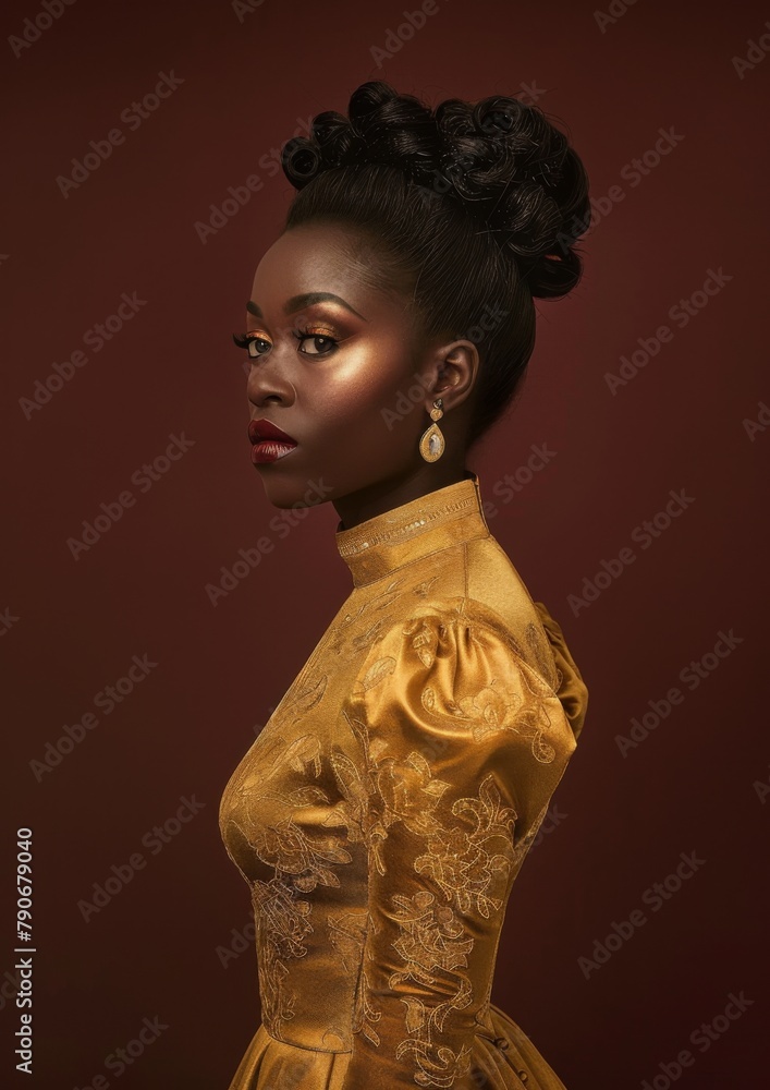 An elegant half-body shot of a Black woman wearing a high-collared golden evening gown, her hair styled in a chic updo, against a rich maroon backdrop