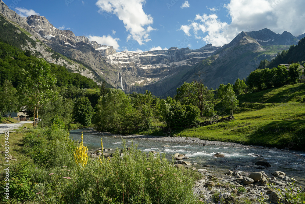 Landscape near Gavarnie Falls, spectacular waterfall in french Pyrenees, highest waterfalls in France, popular tourist landmark
