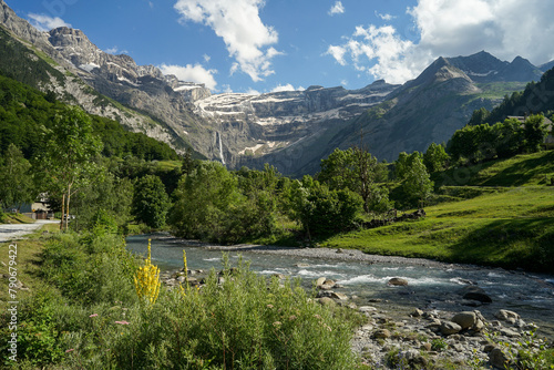 Landscape near Gavarnie Falls, spectacular waterfall in french Pyrenees, highest waterfalls in France, popular tourist landmark