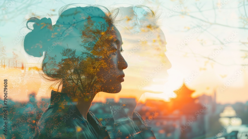 Double exposure photograph of a woman travelling the world Double exposure photograph of a woman travelling the world
