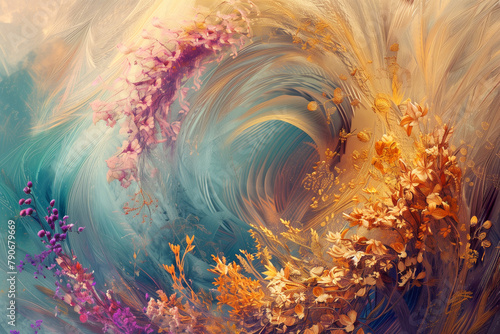 A wave painting among blooming flowers in natural landscape