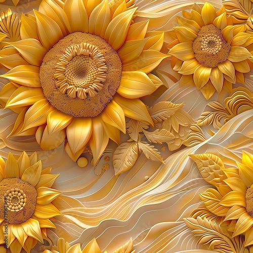 3D sunflowers with tribal motifs, set against a desert backdrop. Seamless Pattern, Fabric Pattern, Tumbler Wrap, Mug Wrap.