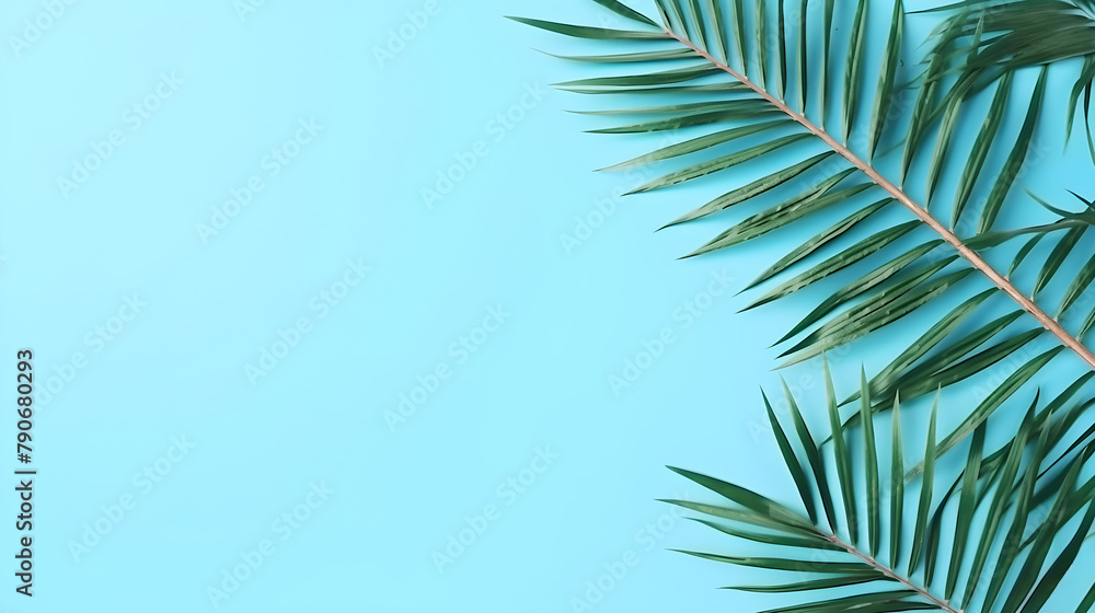 Naklejka premium Tropical palm tree leaves with blue pastel background. Minimal summer concept. Creative top view flat lay with copy space.